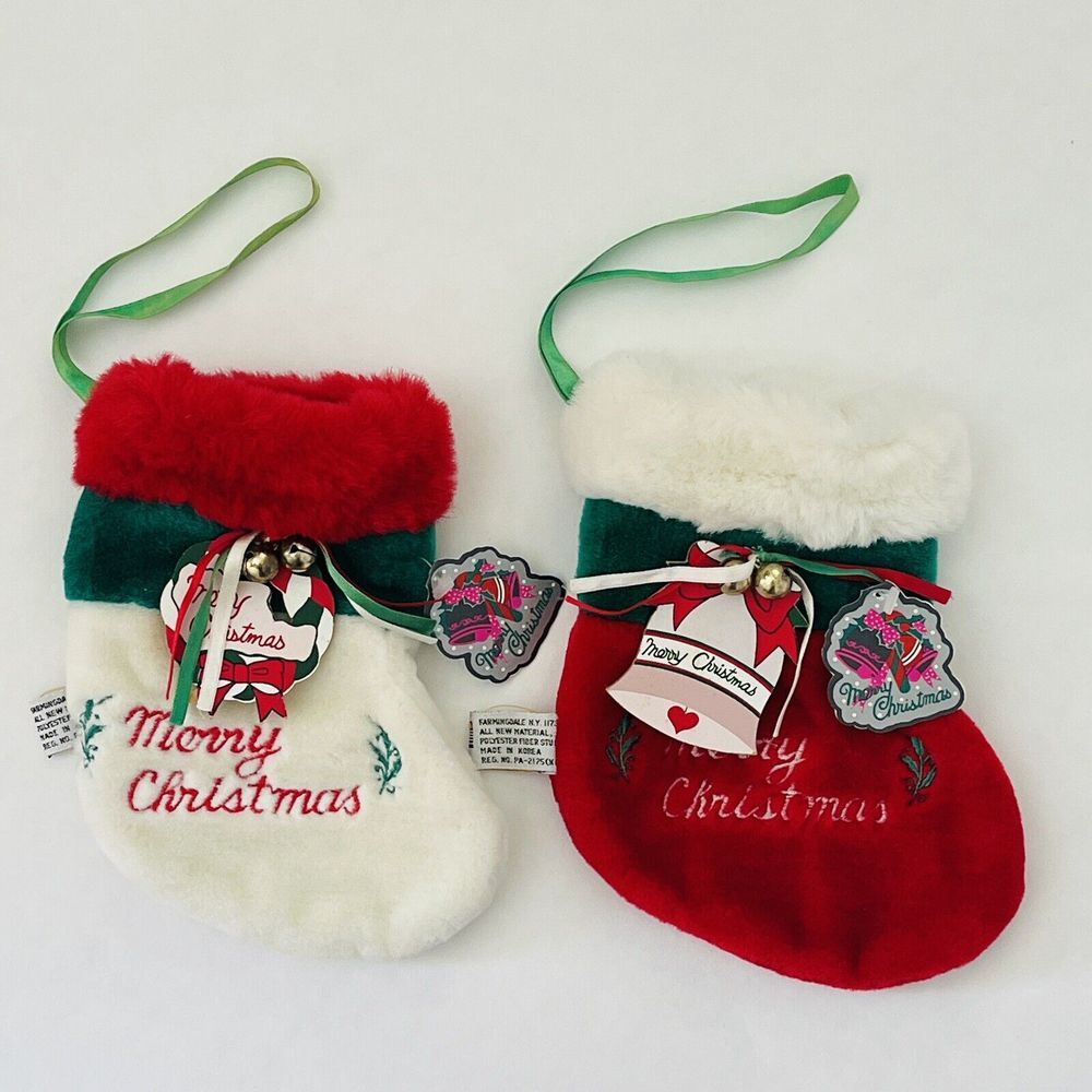 Vtg 80s Lot Christmas Decor Retro Stockings Red White Plush Fur Ornaments Lexony